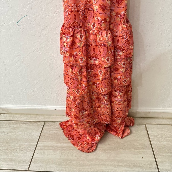 Outerknown Pink Orange Ruffle Tier High Neck Split Strap Maxi Dress Floral Sz 2 - Picture 8 of 8